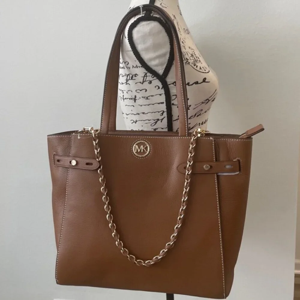 MICHAEL KORS CARMEN LARGE TOTE PEBBLE LEATHER CHESTNUT‎ GOLD VERSATILE CARRY ALL